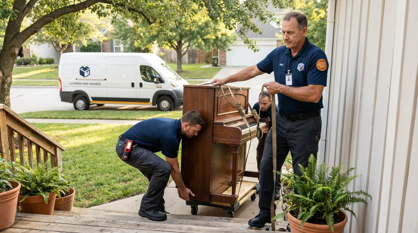 Licensed piano movers securing grand piano in Malta, MT